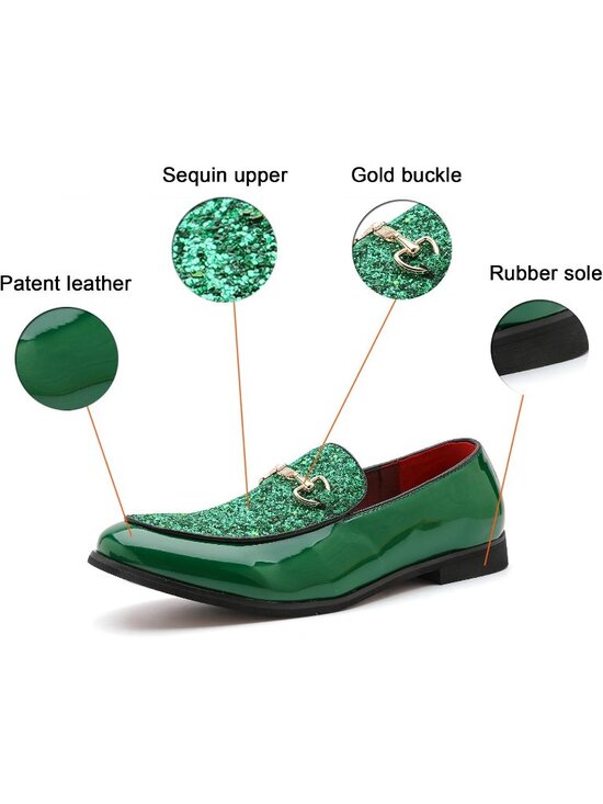 Men\'s Green Rubber Sole Leather Sparkly Sequins Loafers Gold Buckle Party Shoes main image 5